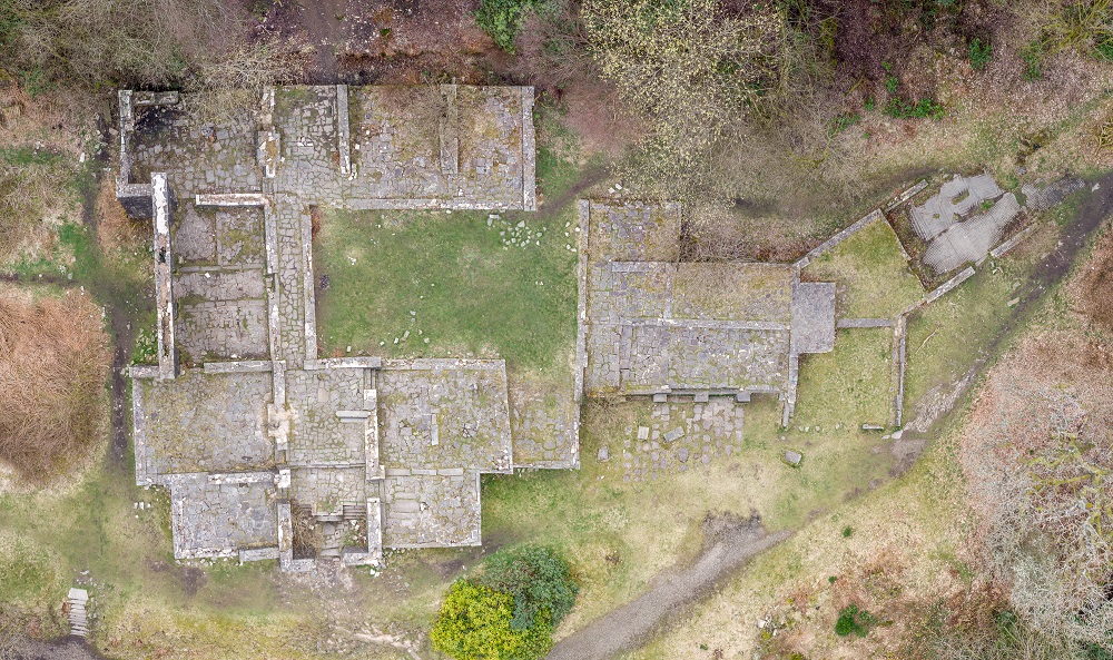 Drone photo looking down on Errwood Hall ruins